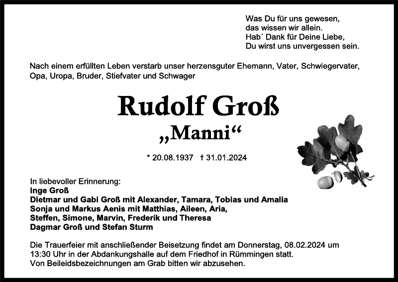 Rudolf Groß Traueranzeige Badische Zeitung