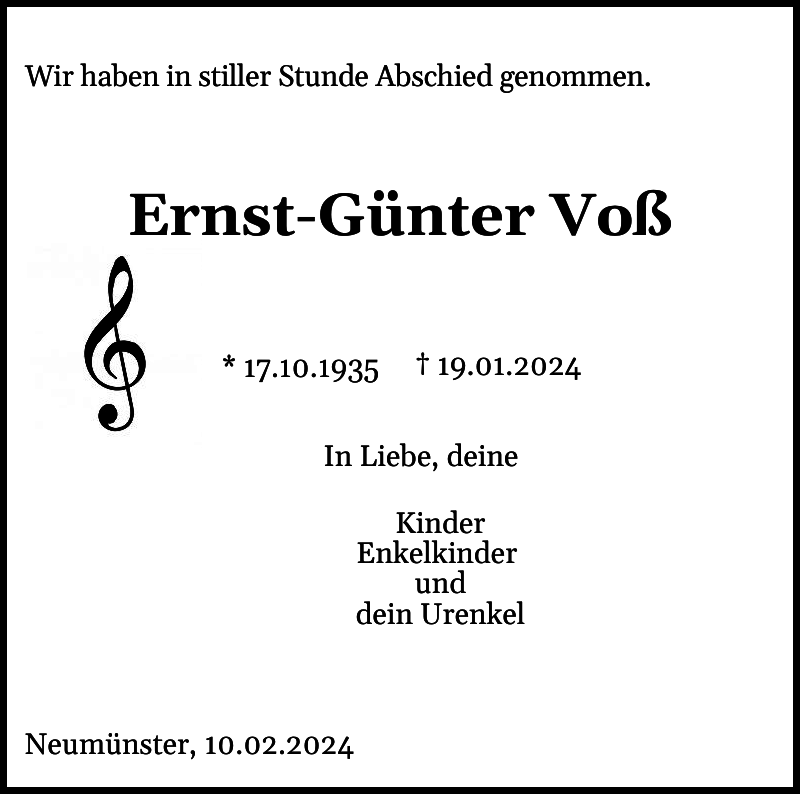 ErnstGünter Voß Traueranzeige Holsteinischer Courier