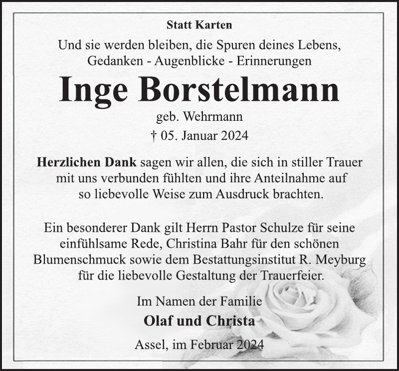 Inge Borstelmann: Danksagung : Stader Tageblatt