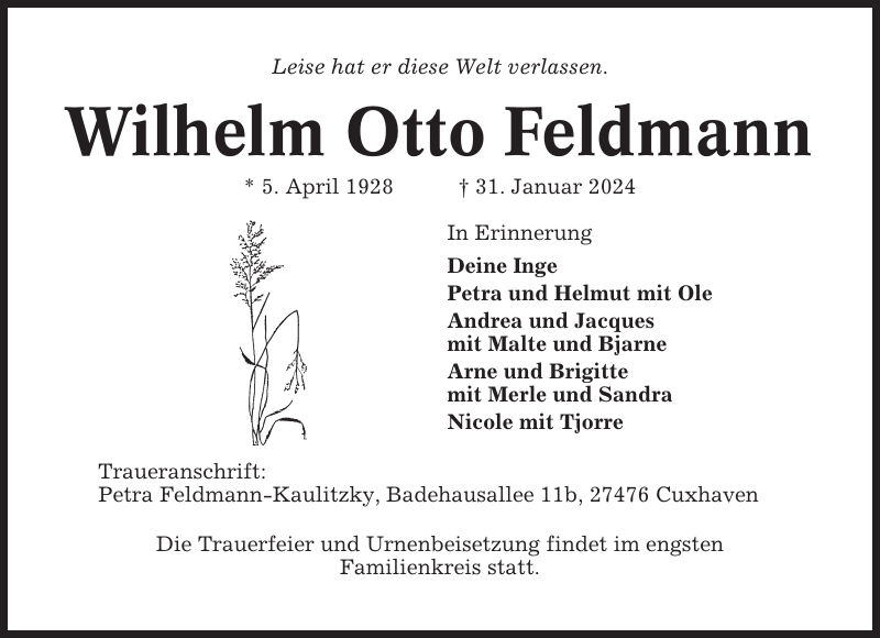 Wilhelm Otto Feldmann Traueranzeige Cuxhavener Nachrichten