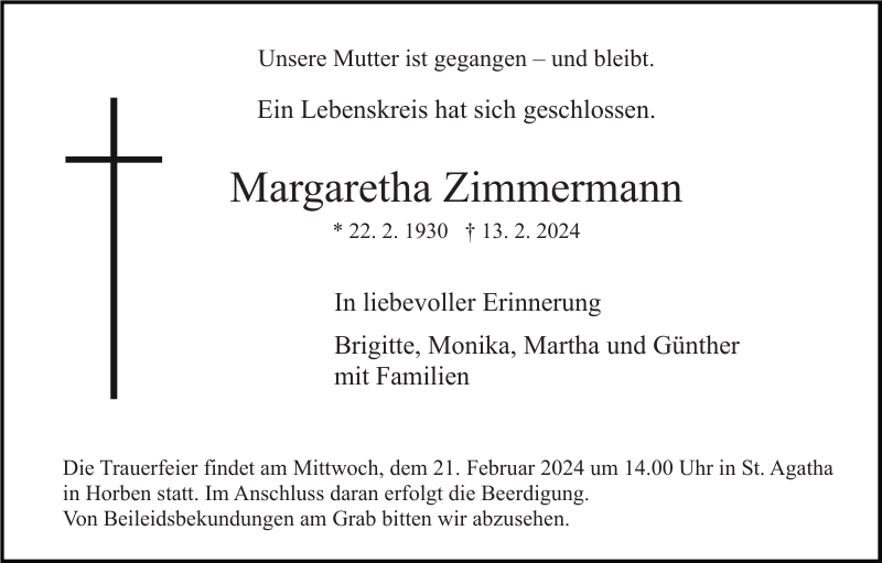 Margaretha Zimmermann Traueranzeige Badische Zeitung