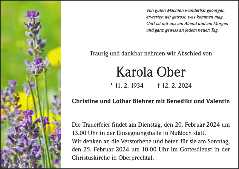 Karola Ober Traueranzeige Badische Zeitung