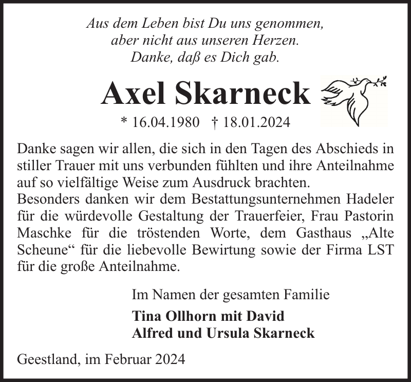 Axel Skarneck: Danksagung : Nordsee-Zeitung