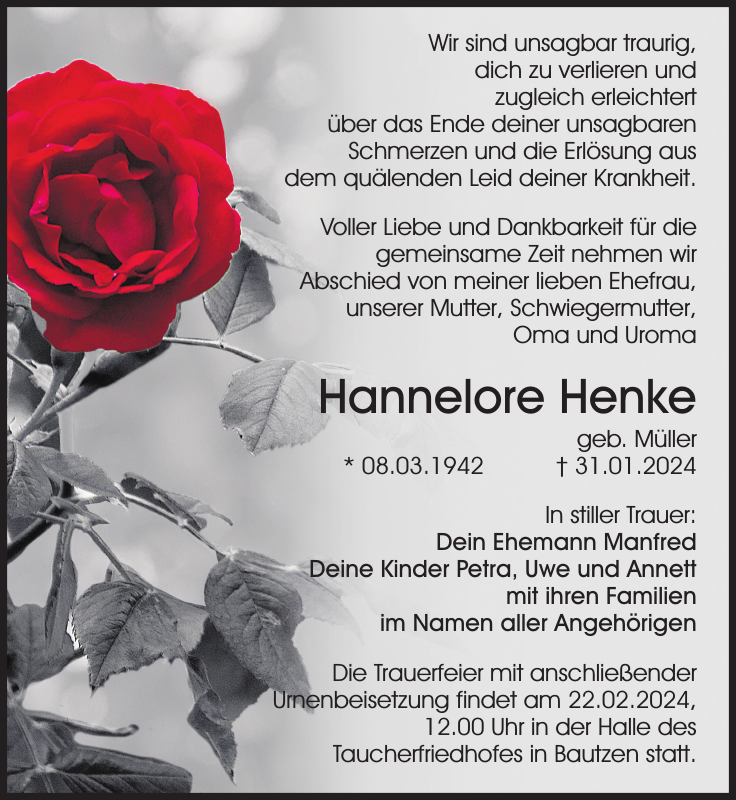 Hannelore Henke Traueranzeige Sächsische Zeitung