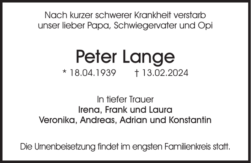 Peter Lange Traueranzeige Sächsische Zeitung