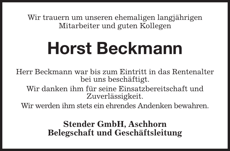 Horst Beckmann Nachruf Stader Tageblatt