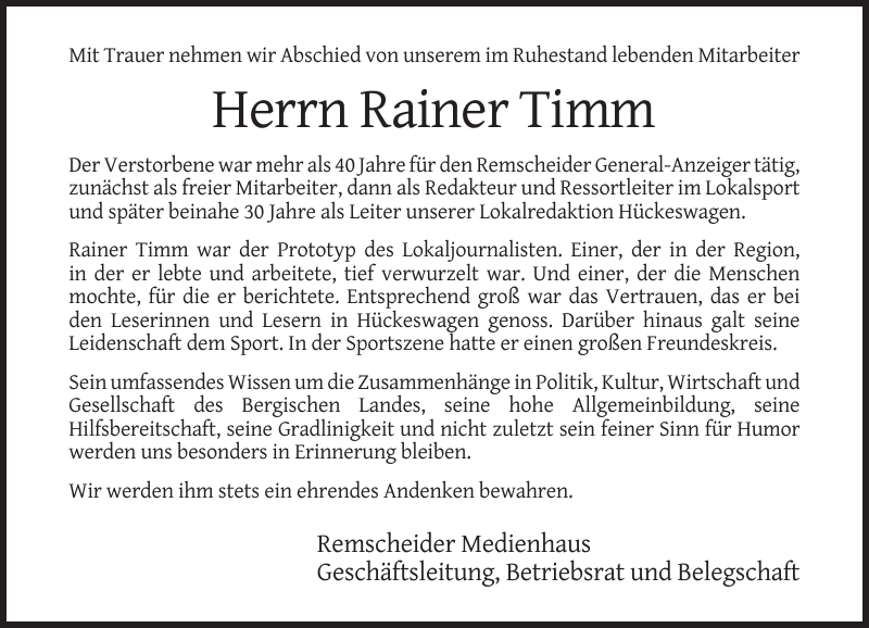 Rainer Timm: Traueranzeige : Remscheider General-Anzeiger