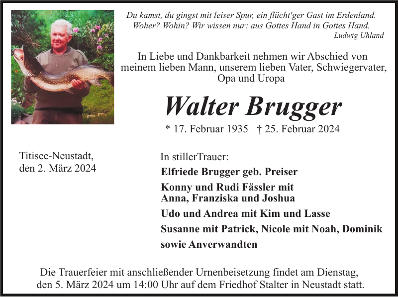 Walter Brugger Traueranzeige Badische Zeitung