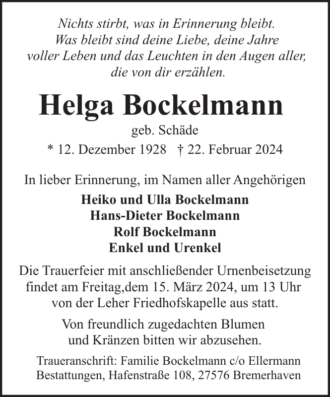 Helga Bockelmann Gedenken Nordsee Zeitung