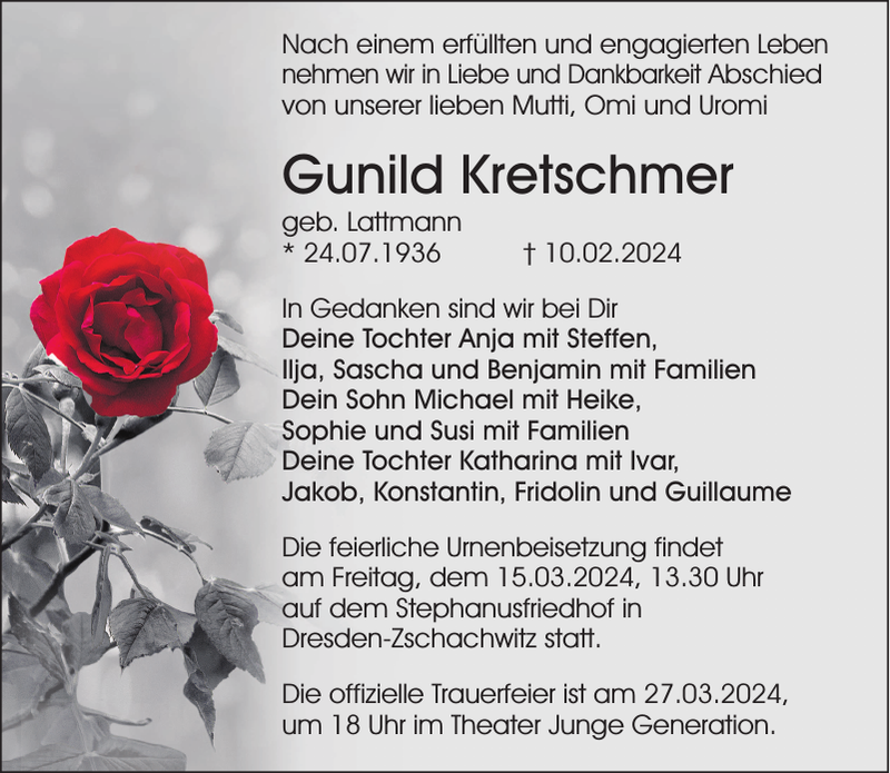 Gunild LattmannKretschmer Traueranzeige Sächsische Zeitung
