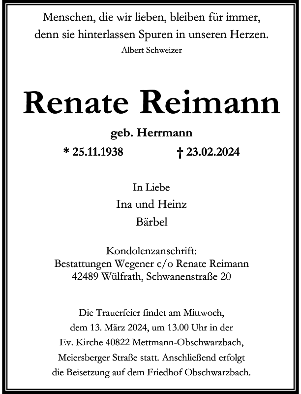 Renate Reimann: Traueranzeige : Westdeutsche Zeitung