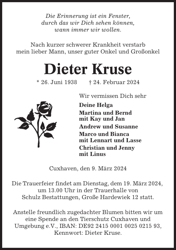 Dieter Kruse Traueranzeige Cuxhavener Nachrichten