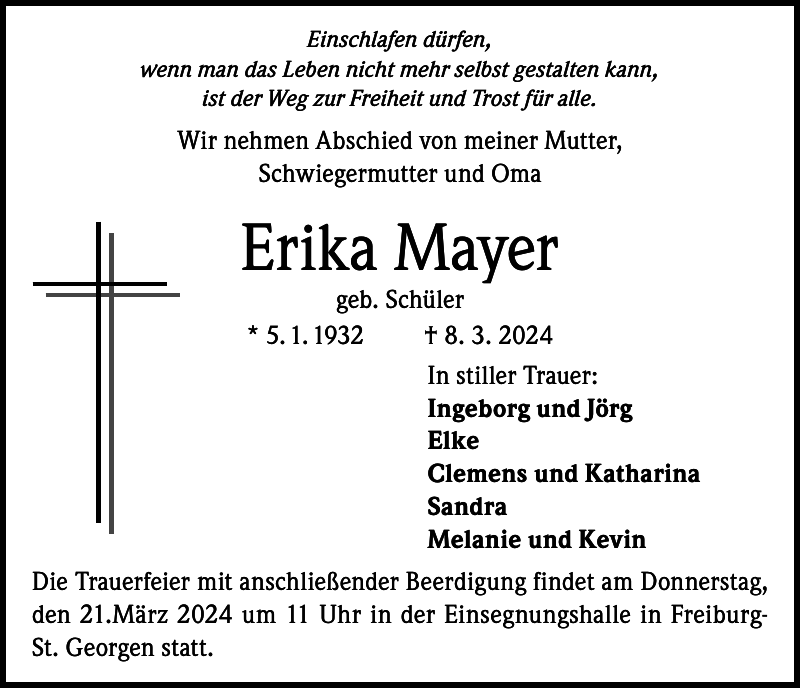 Erika Mayer: Traueranzeige : Badische Zeitung