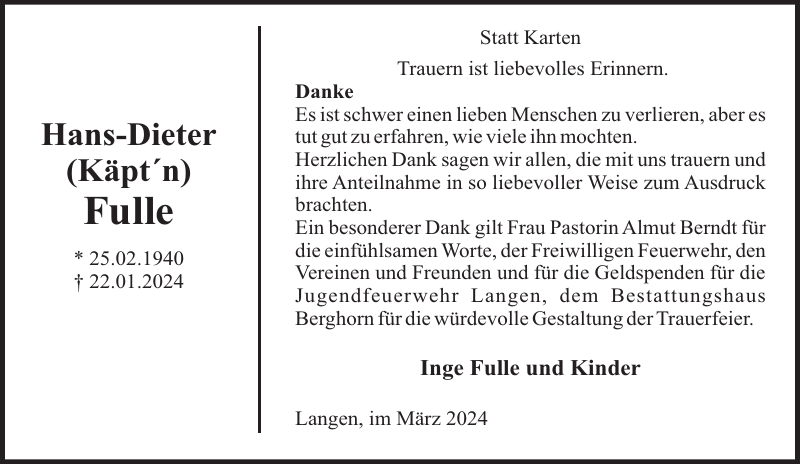 Fulle: Danksagung : Nordsee-Zeitung