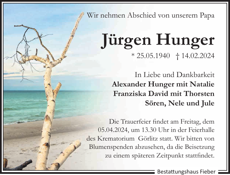 Jürgen Hunger Traueranzeige Sächsische Zeitung