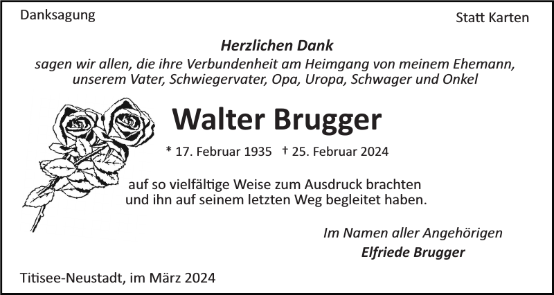 Walter Brugger Traueranzeige Badische Zeitung