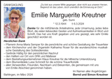 Anzeige für Emilie Marguerite Kreutner