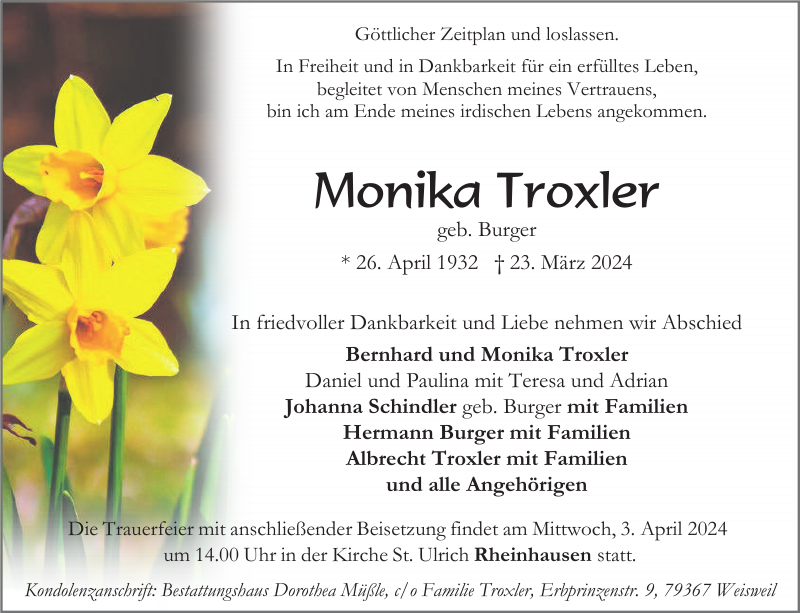Monika Troxler Traueranzeige Badische Zeitung
