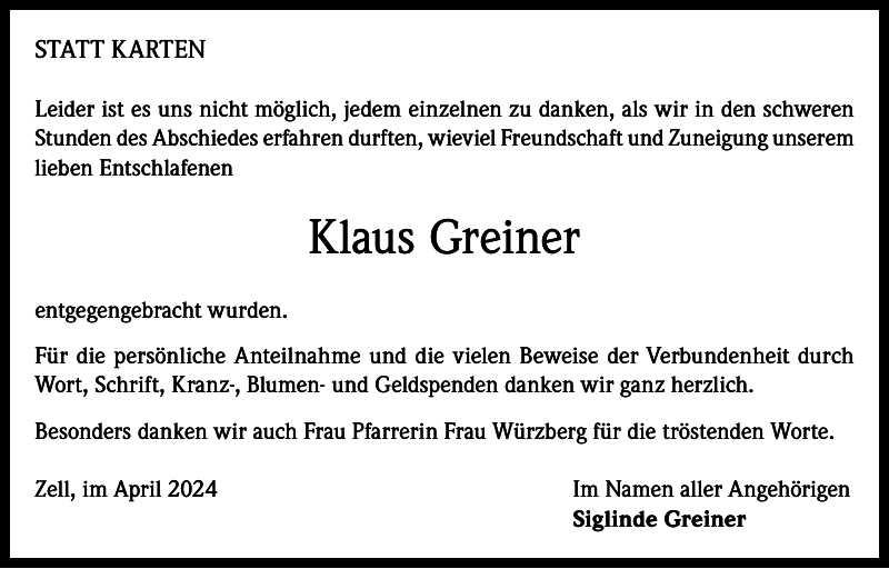 Klaus Greiner Traueranzeige Badische Zeitung
