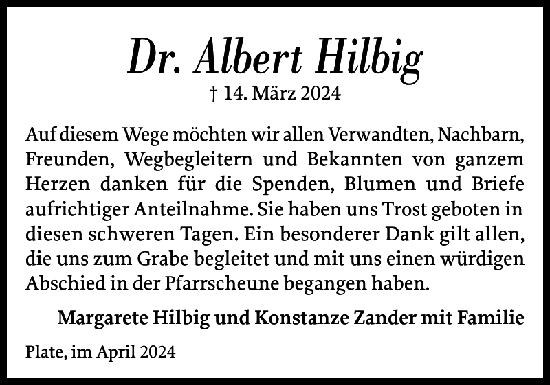 Dr. Albert Hilbig Danksagung Zeitung für die Landeshauptstadt