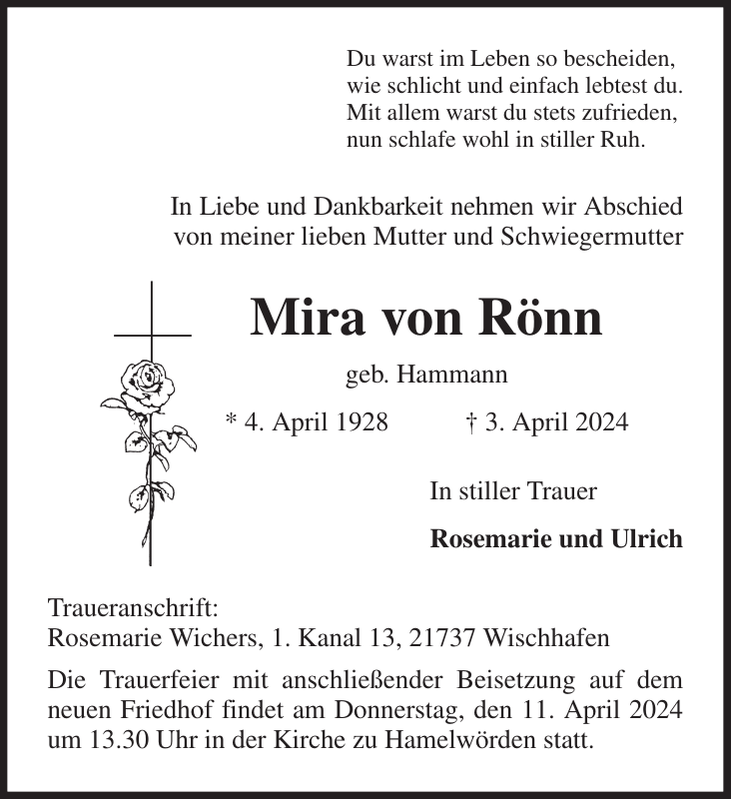 Mira von Rönn: Traueranzeige : Stader Tageblatt