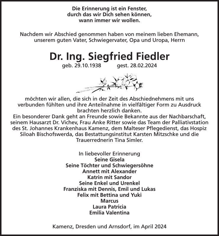 Dr. Ing. Siegfried Fiedler Traueranzeige Sächsische Zeitung