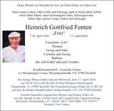 Anzeige für Heinrich Gottfried Fenten