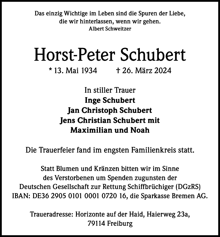 HorstPeter Schubert Traueranzeige Badische Zeitung