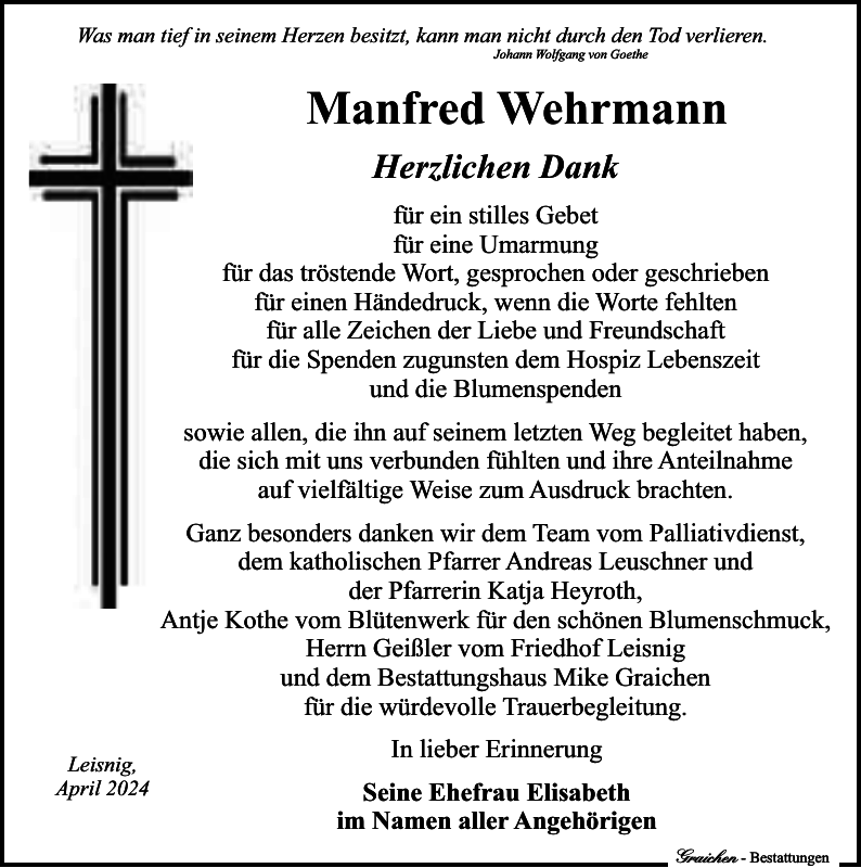 Manfred Wehrmann Traueranzeige Sächsische Zeitung