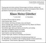 Anzeige für Klaus Heinz Günther