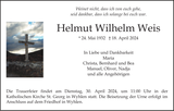 Anzeige für Helmut Wilhelm Weis