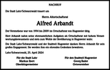 Anzeige für Alfred Arbandt
