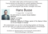 Anzeige für Hans Busse