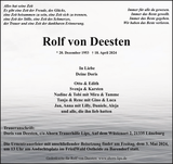 Anzeige für Rolf von Deesten