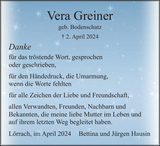 Anzeige für Vera Greiner