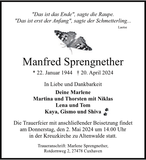 Anzeige für Manfred Sprengnether