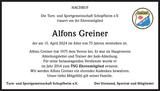 Anzeige für Alfons Greiner