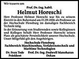 Anzeige für Helmut Horeschi