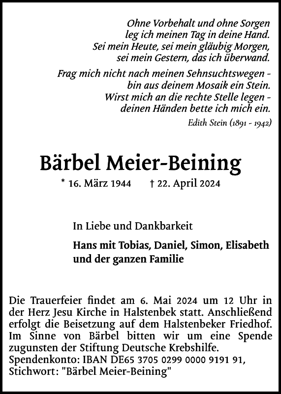 Bärbel Meier-Beining: Traueranzeige : Pinneberger Tageblatt