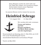 Anzeige für Heinfried Schrage