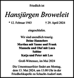 Anzeige für Hansjürgen Broweleit