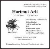 Anzeige für Hartmut Arlt