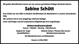 Anzeige für Sabine Schütt