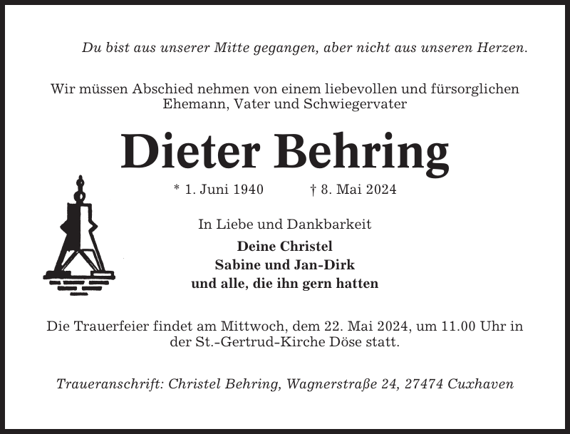 Dieter Behring Traueranzeige Cuxhavener Nachrichten