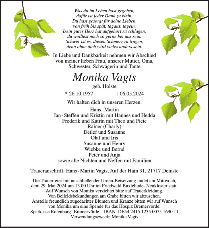 Monika Vagts Traueranzeige Stader Tageblatt