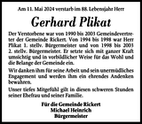 Anzeige für Gerhard Plikat