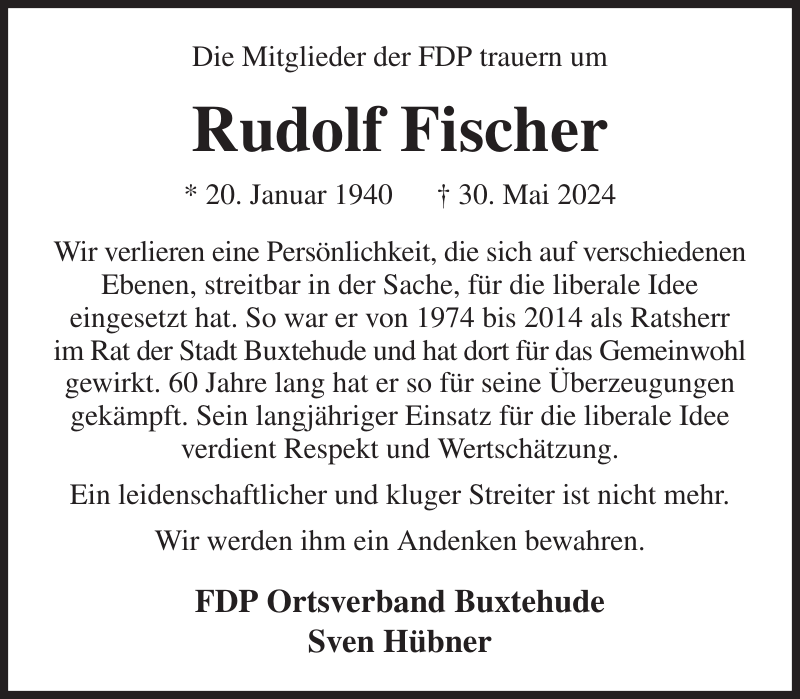 Rudolf Fischer Nachruf Stader Tageblatt