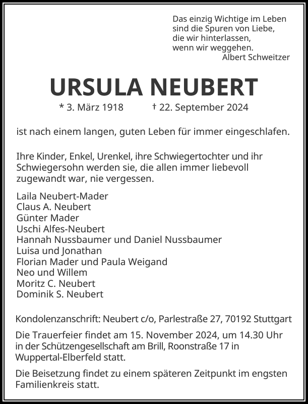 URSULA NEUBERT Traueranzeige Westdeutsche Zeitung