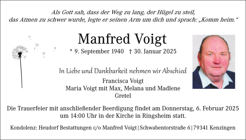 Manfred Voigt Traueranzeige Badische Zeitung