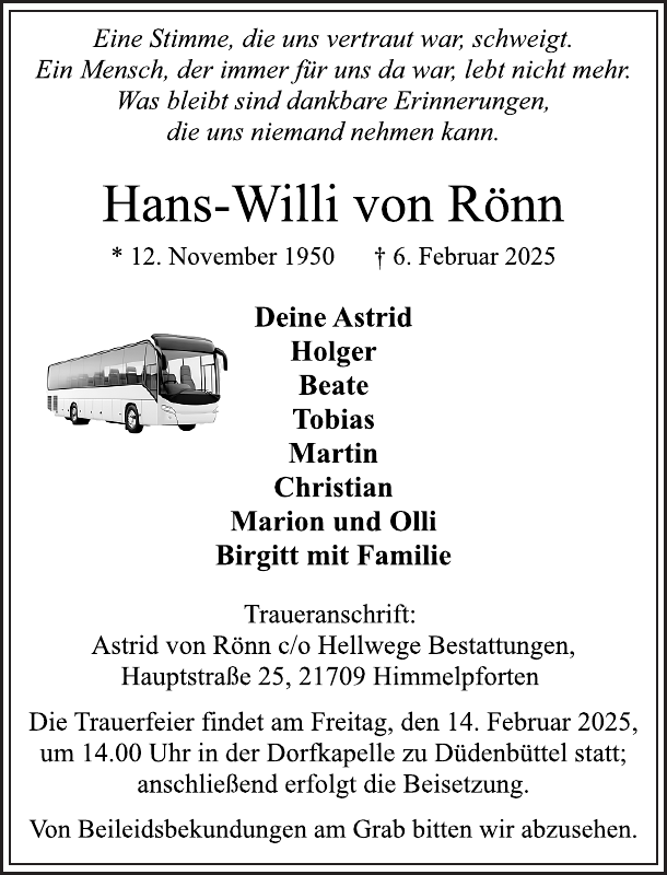 Hans-Willi von Rönn: Traueranzeige : Stader Tageblatt